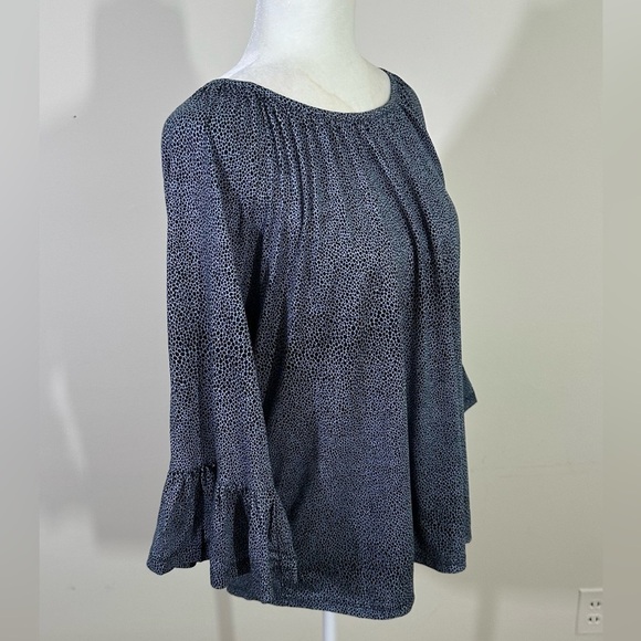 Michael Kors sz lg top in blues tone neckline has gathers 3/4 sleeve ruffle edge - Picture 9 of 14